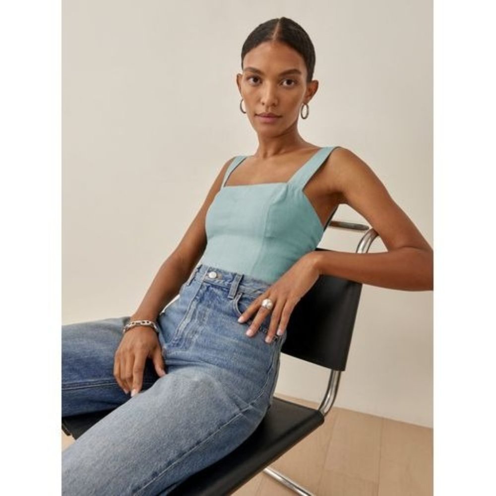 Reformation Linen Top in Light Blue/Turquoise